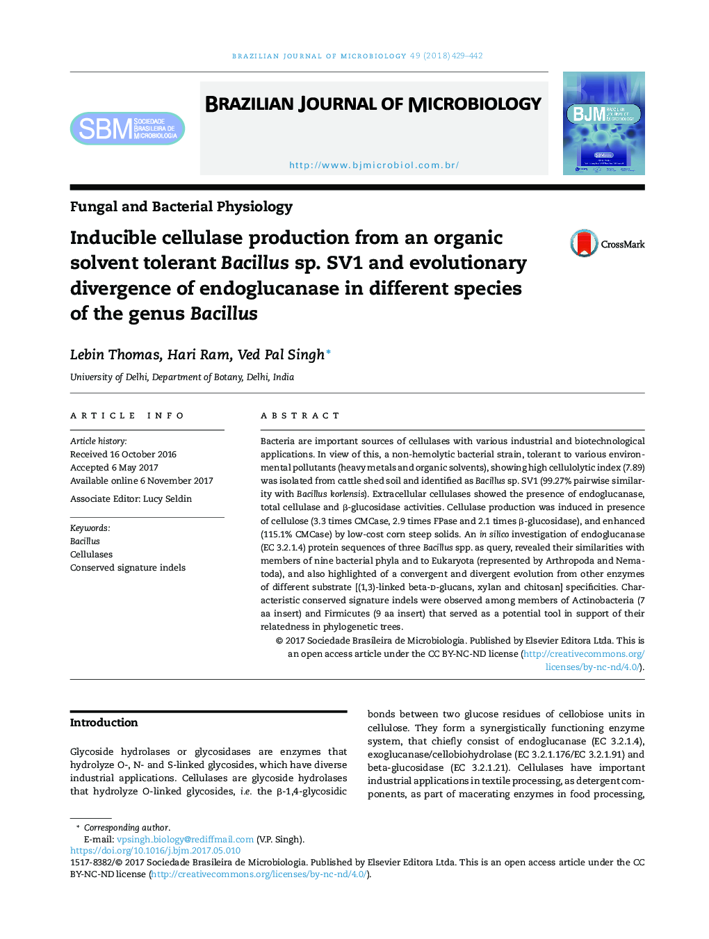 Inducible cellulase production from an organic solvent tolerant Bacillus sp. SV1 and evolutionary divergence of endoglucanase in different species of the genus Bacillus