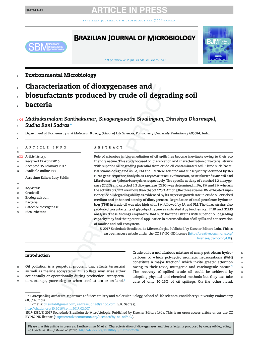 Characterization of dioxygenases and biosurfactants produced by crude oil degrading soil bacteria