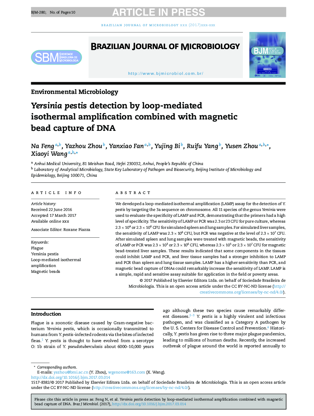 عکس صفحه اول مقاله: Yersinia pestis detection by loop-mediated isothermal amplification combined with magnetic bead capture of DNA Yersinia pestis detection by loop-mediated isothermal amplification combined with magnetic bead capture of DNA