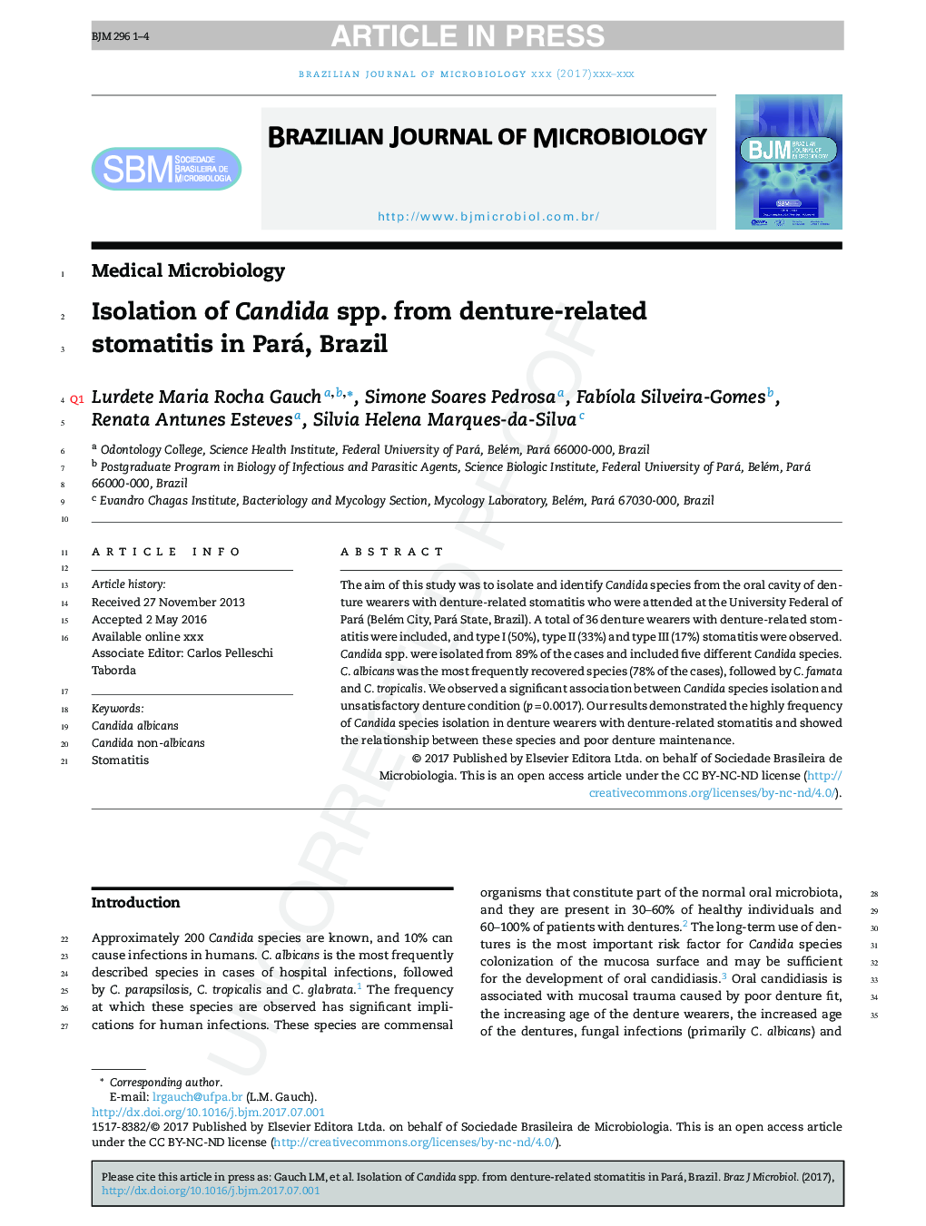 Isolation of Candida spp. from denture-related stomatitis in Pará, Brazil