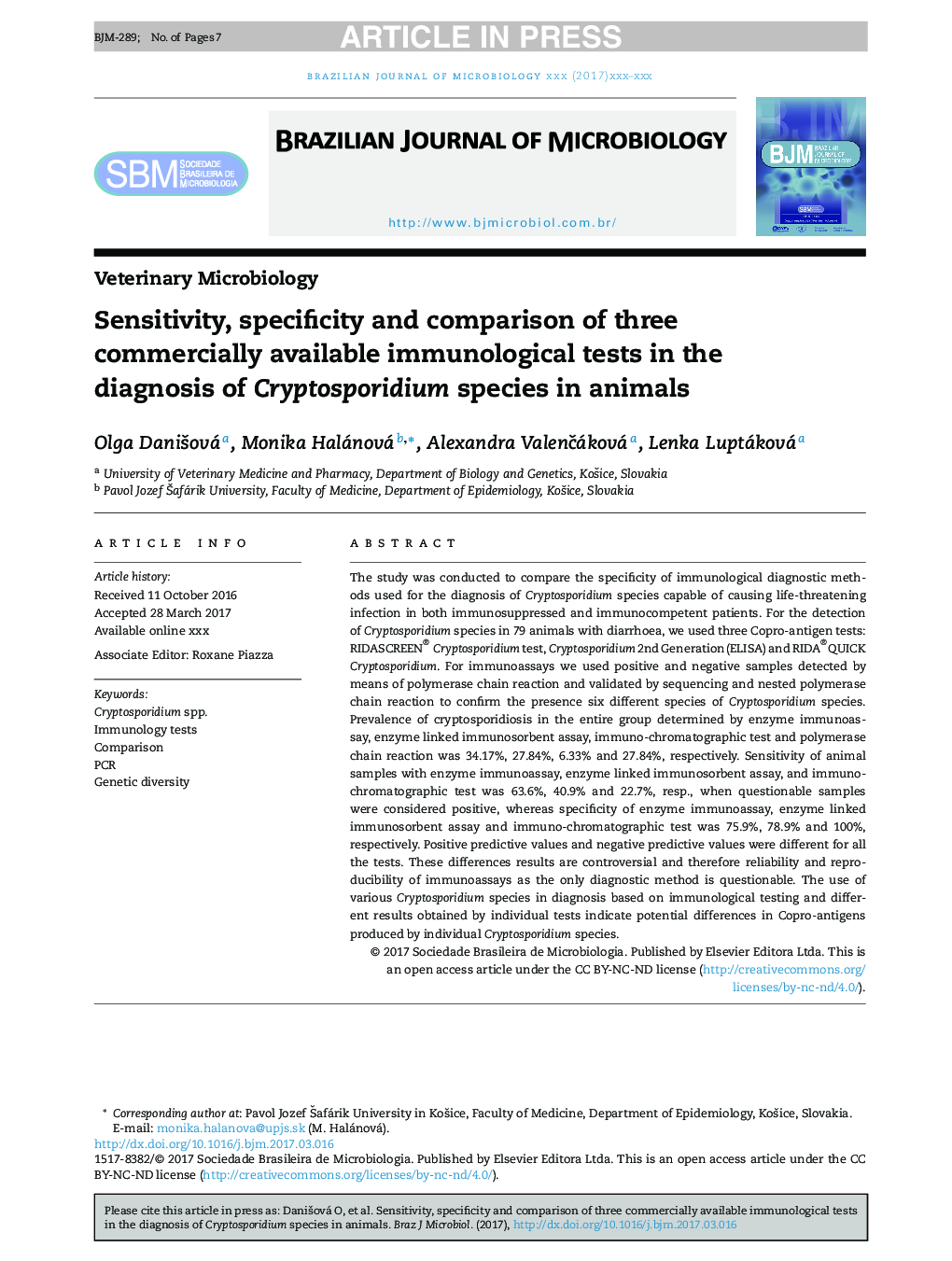 حساسیت، ویژگی و مقایسه سه آزمایش ایمونولوژیک موجود در تشخیص گونه های کریپتوسپوریدیوم در حیوانات 