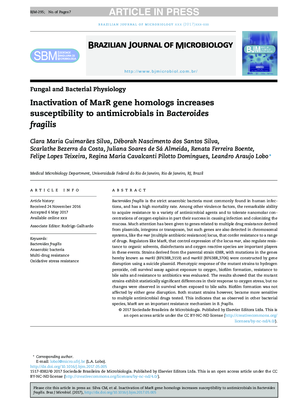 Inactivation of MarR gene homologs increases susceptibility to antimicrobials in Bacteroides fragilis