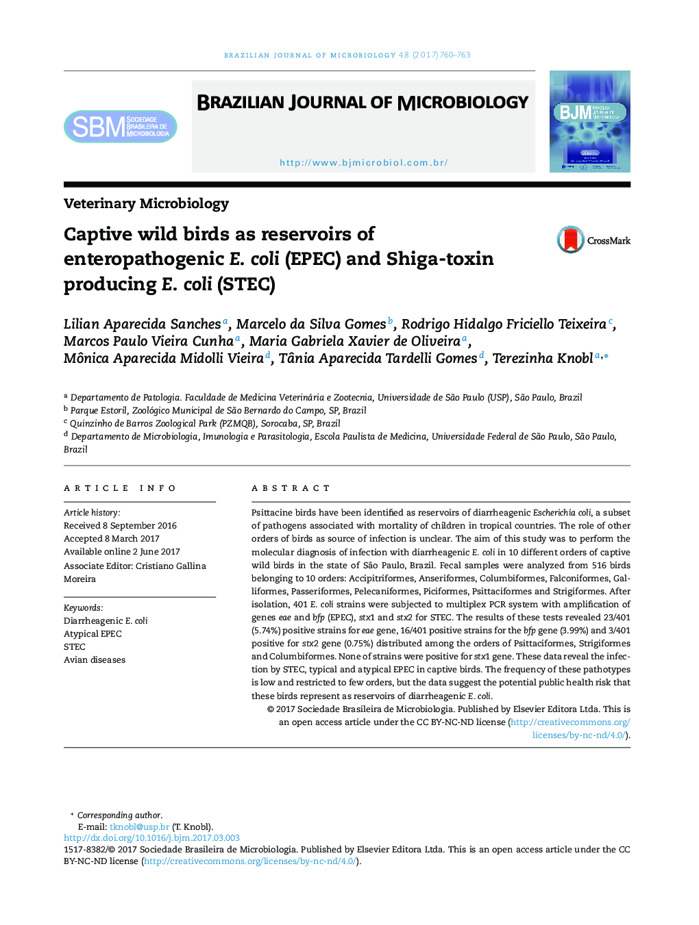 Captive wild birds as reservoirs of enteropathogenic E. coli (EPEC) and Shiga-toxin producing E. coli (STEC)