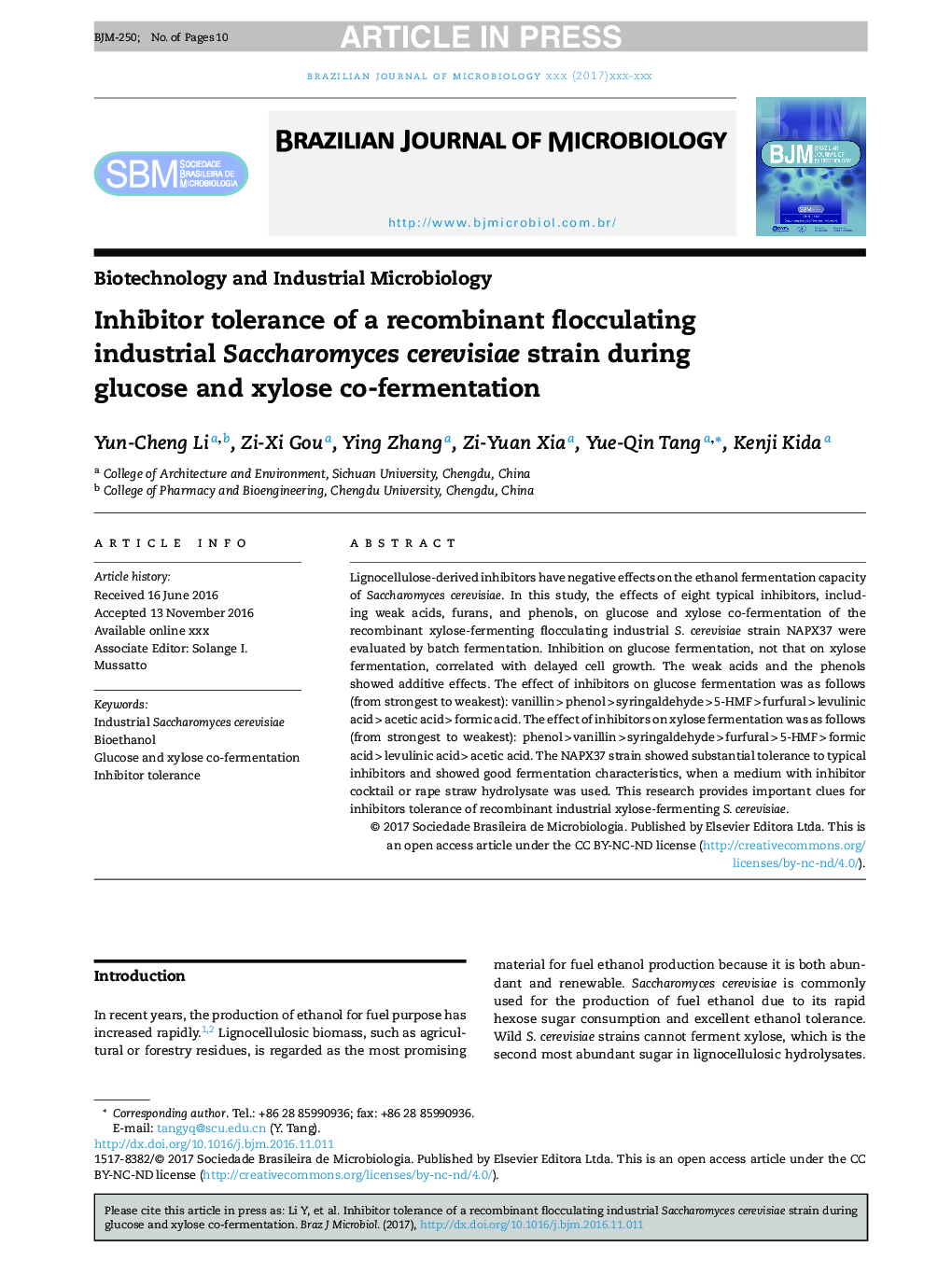 Inhibitor tolerance of a recombinant flocculating industrial Saccharomyces cerevisiae strain during glucose and xylose co-fermentation