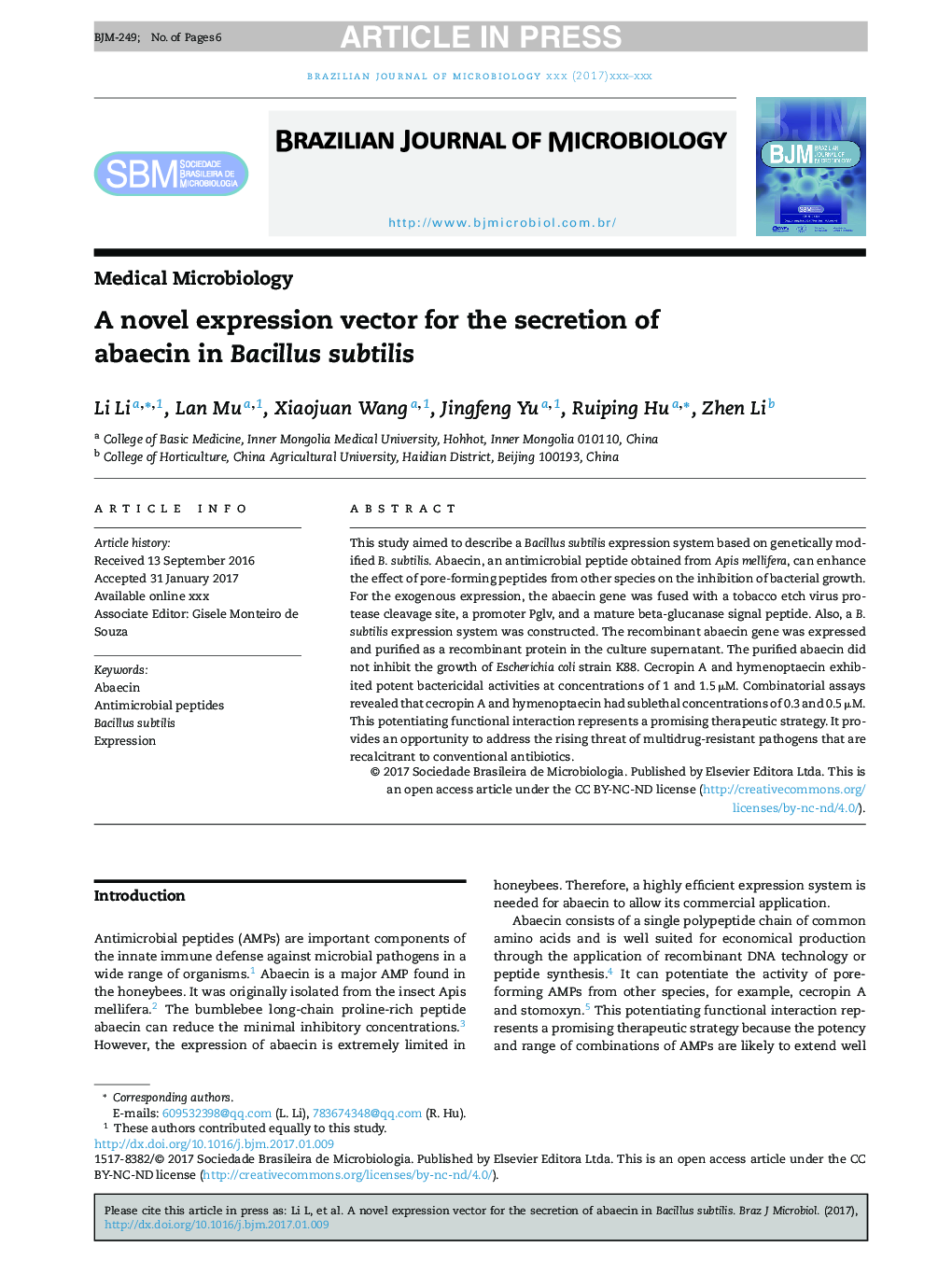 A novel expression vector for the secretion of abaecin in Bacillus subtilis