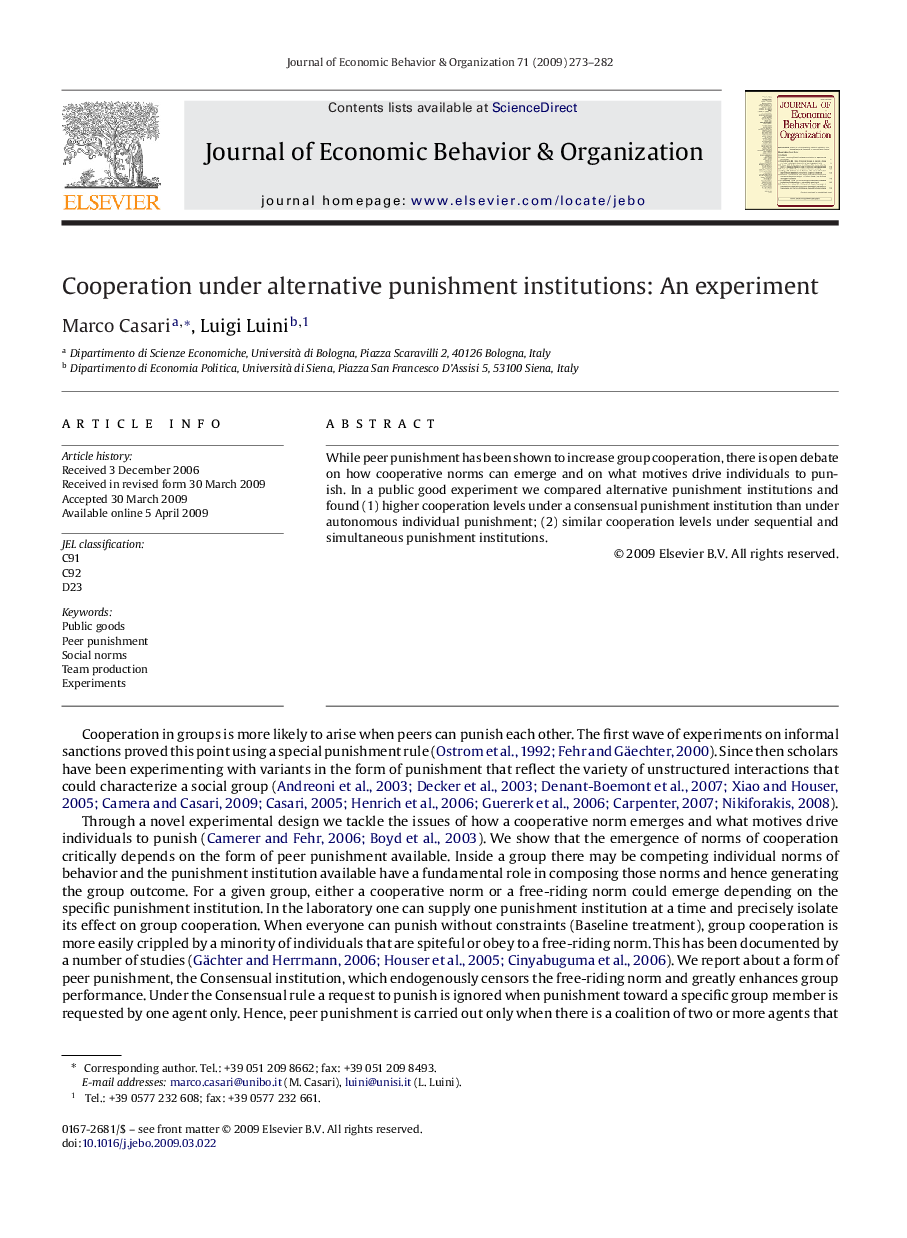 عکس صفحه اول مقاله: Cooperation under alternative punishment institutions: An experiment Cooperation under alternative punishment institutions: An experiment