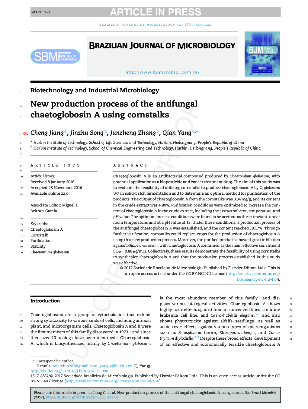 New production process of the antifungal chaetoglobosin A using cornstalks