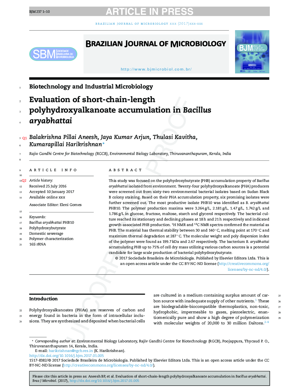 Evaluation of short-chain-length polyhydroxyalkanoate accumulation in Bacillus aryabhattai