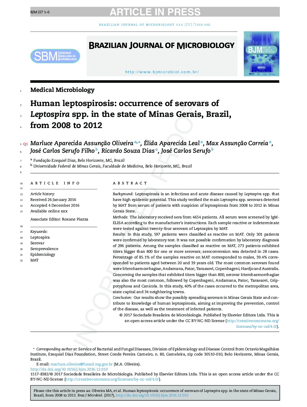 Human leptospirosis: occurrence of serovars of Leptospira spp. in the state of Minas Gerais, Brazil, from 2008 to 2012