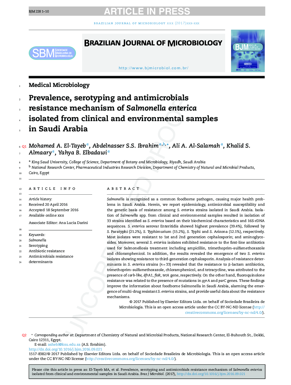 Prevalence, serotyping and antimicrobials resistance mechanism of Salmonella enterica isolated from clinical and environmental samples in Saudi Arabia