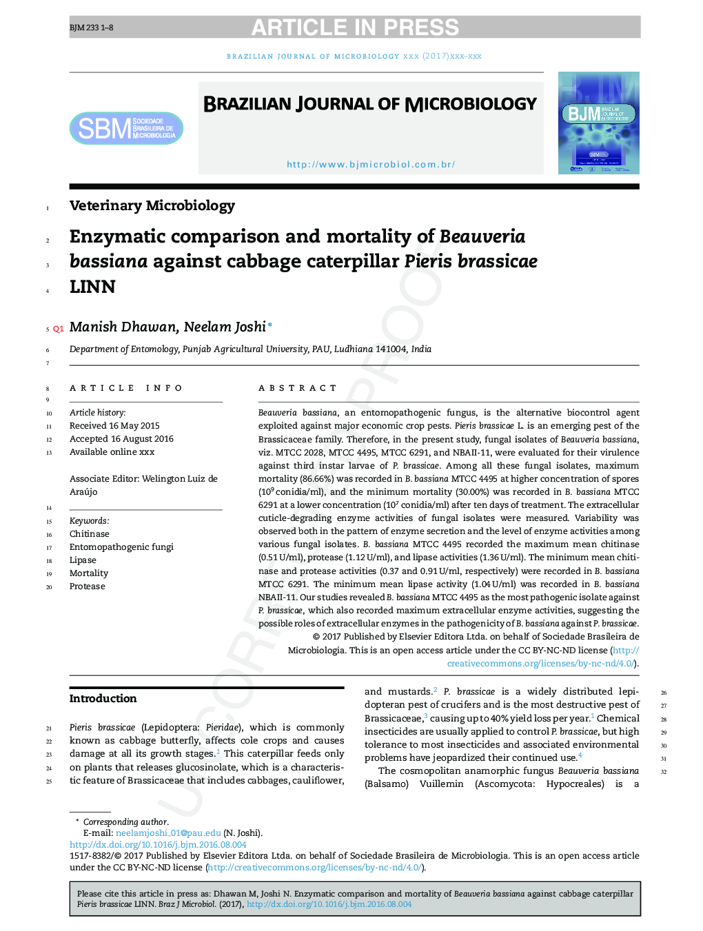 Enzymatic comparison and mortality of Beauveria bassiana against cabbage caterpillar Pieris brassicae LINN