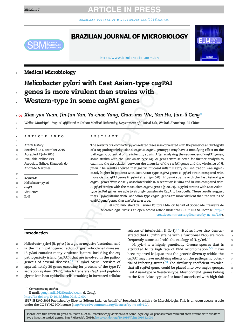 Helicobacter pylori with East Asian-type cagPAI genes is more virulent than strains with Western-type in some cagPAI genes