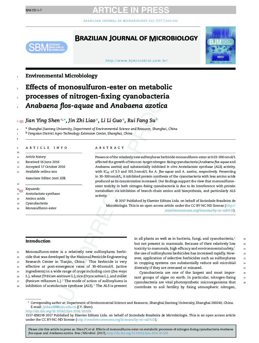 Effects of monosulfuron-ester on metabolic processes of nitrogen-fixing cyanobacteria Anabaena flos-aquae and Anabaena azotica