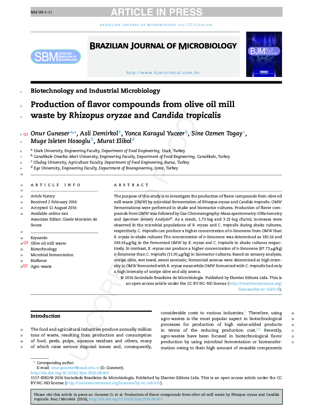 Production of flavor compounds from olive mill waste by Rhizopus oryzae and Candida tropicalis