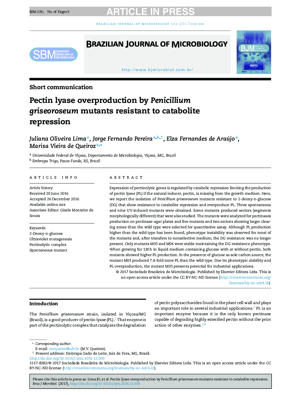 Pectin lyase overproduction by Penicillium griseoroseum mutants resistant to catabolite repression