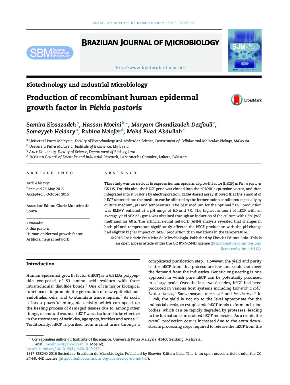 Production of recombinant human epidermal growth factor in Pichia pastoris