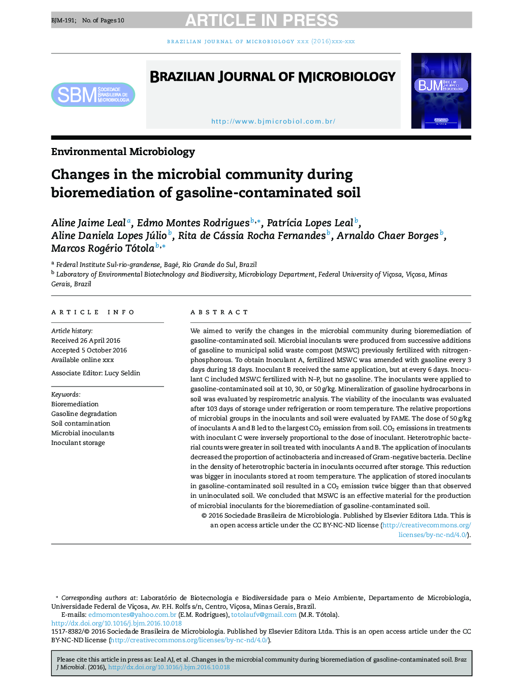 Changes in the microbial community during bioremediation of gasoline-contaminated soil