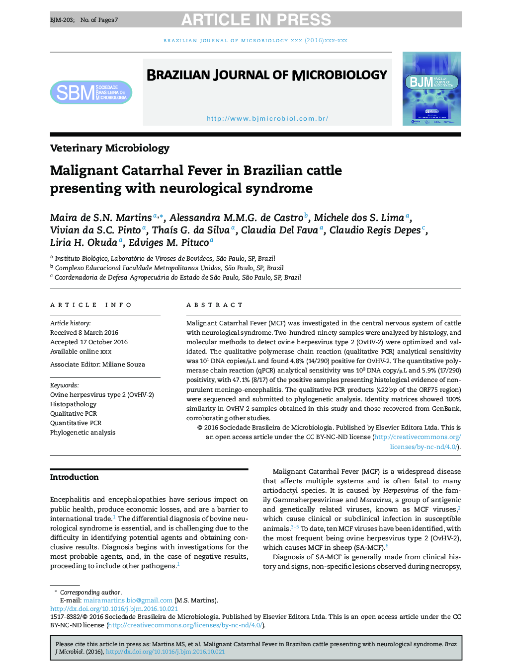 Malignant Catarrhal Fever in Brazilian cattle presenting with neurological syndrome