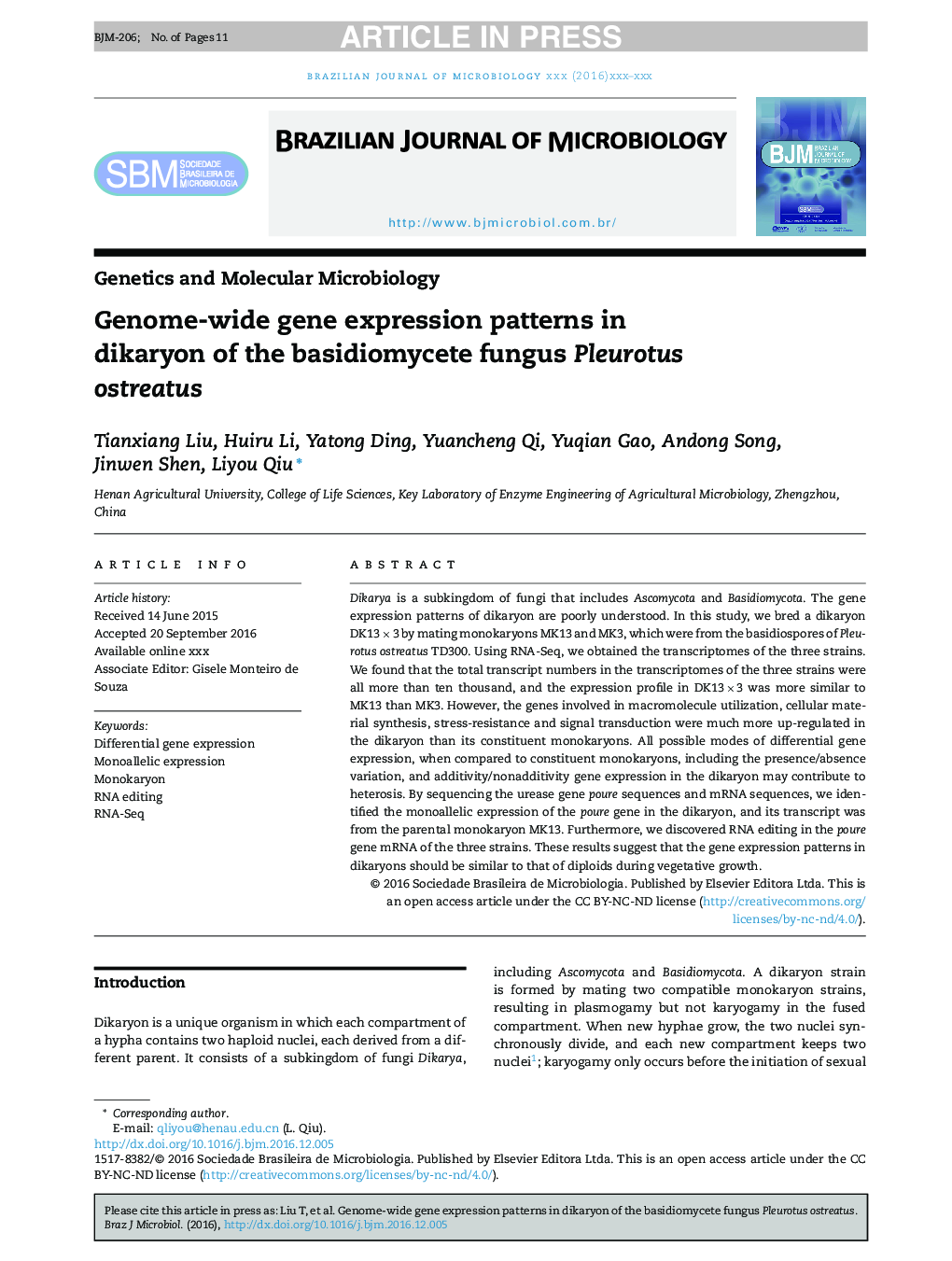 Genome-wide gene expression patterns in dikaryon of the basidiomycete fungus Pleurotus ostreatus