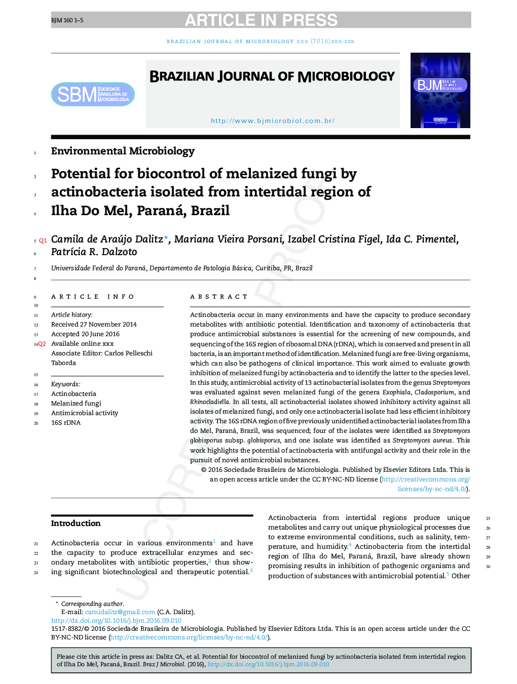 Potential for biocontrol of melanized fungi by actinobacteria isolated from intertidal region of Ilha Do Mel, Paraná, Brazil