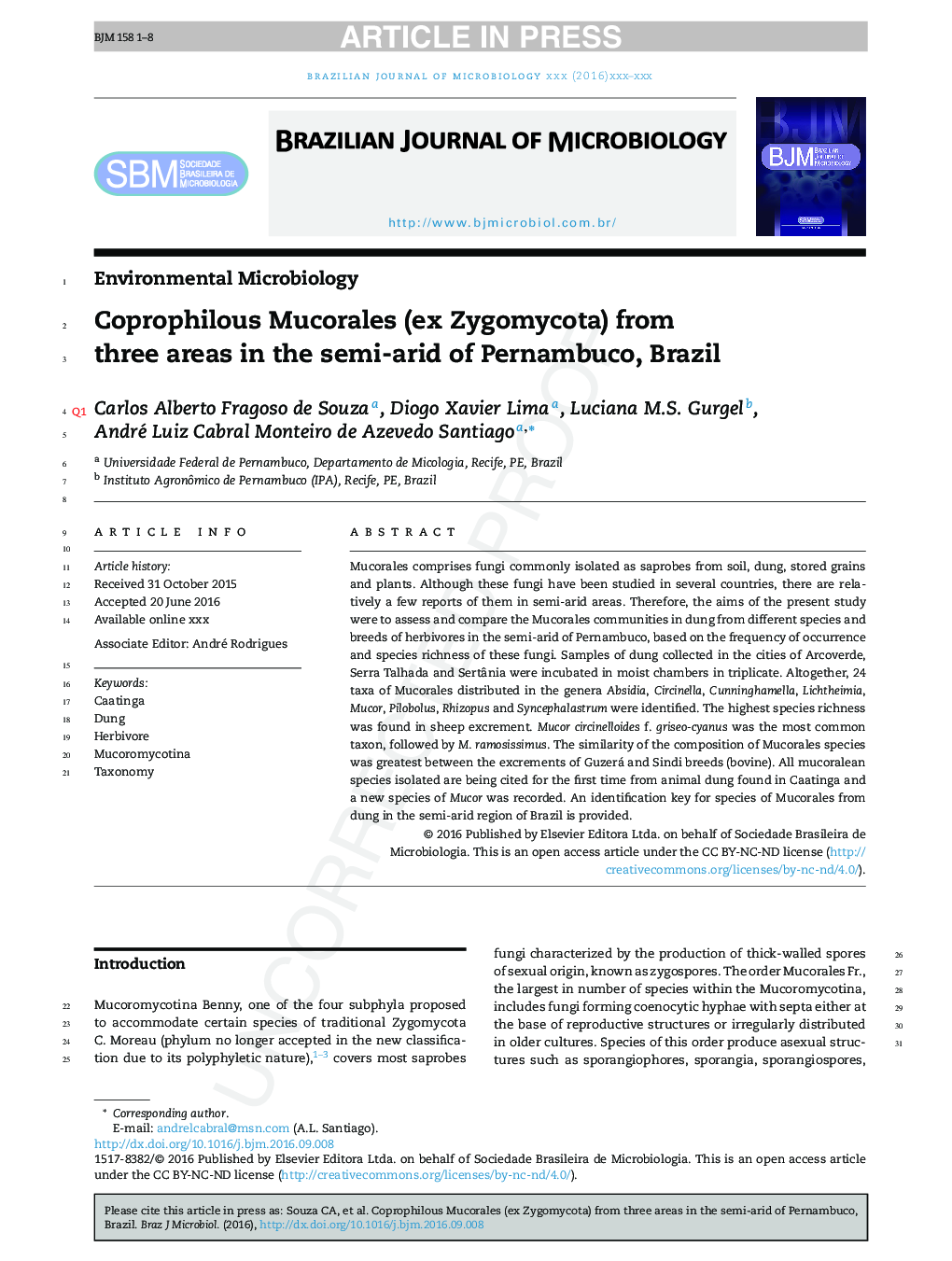 Coprophilous Mucorales (ex Zygomycota) from three areas in the semi-arid of Pernambuco, Brazil