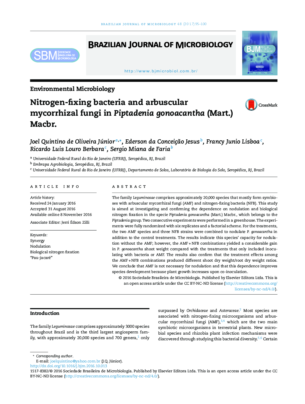 Nitrogen-fixing bacteria and arbuscular mycorrhizal fungi in Piptadenia gonoacantha (Mart.) Macbr.