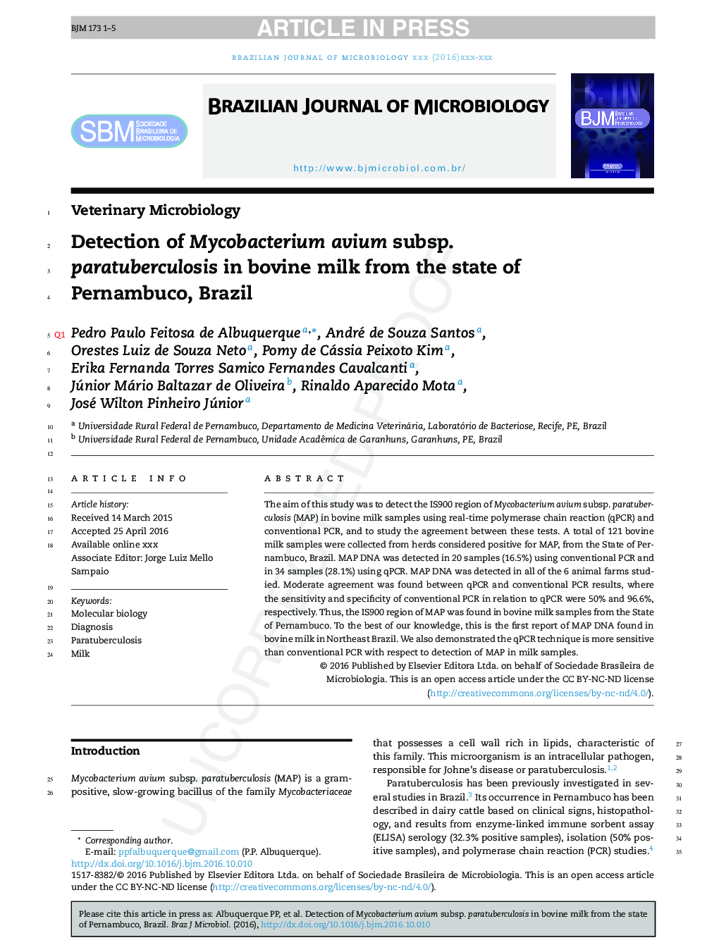 Detection of Mycobacterium avium subsp. paratuberculosis in bovine milk from the state of Pernambuco, Brazil