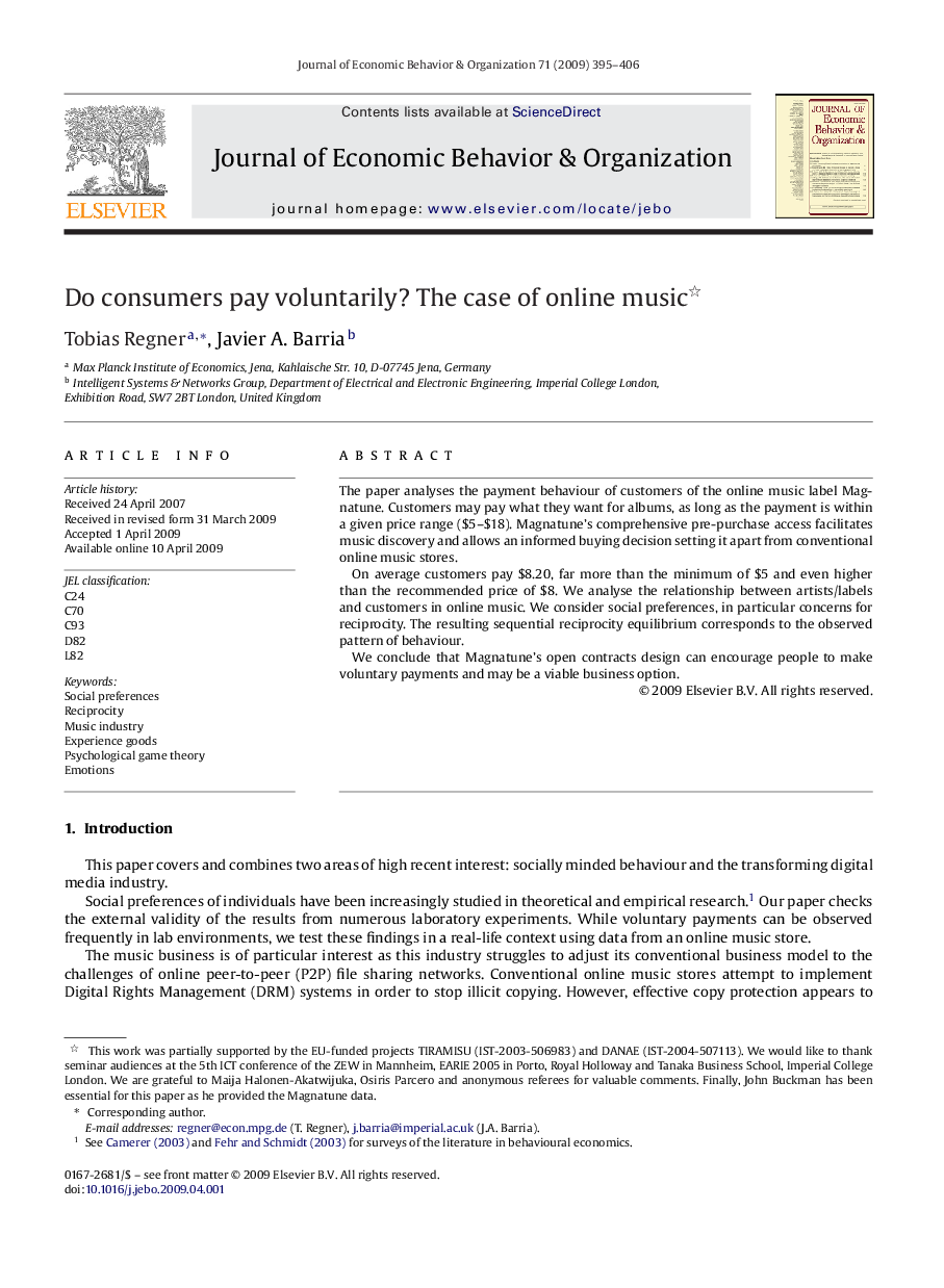 عکس صفحه اول مقاله: Do consumers pay voluntarily? The case of online music Do consumers pay voluntarily? The case of online music