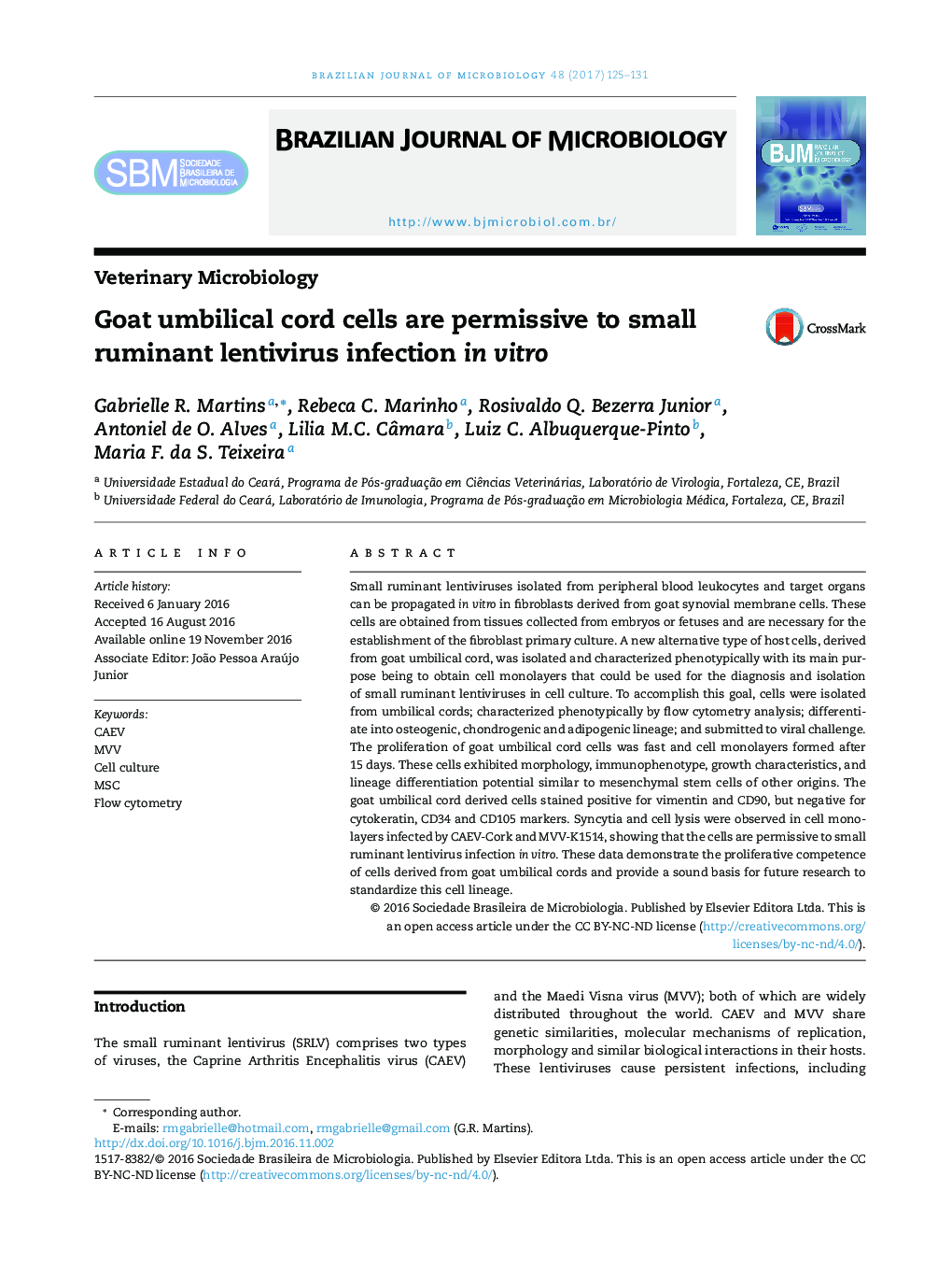 Goat umbilical cord cells are permissive to small ruminant lentivirus infection in vitro