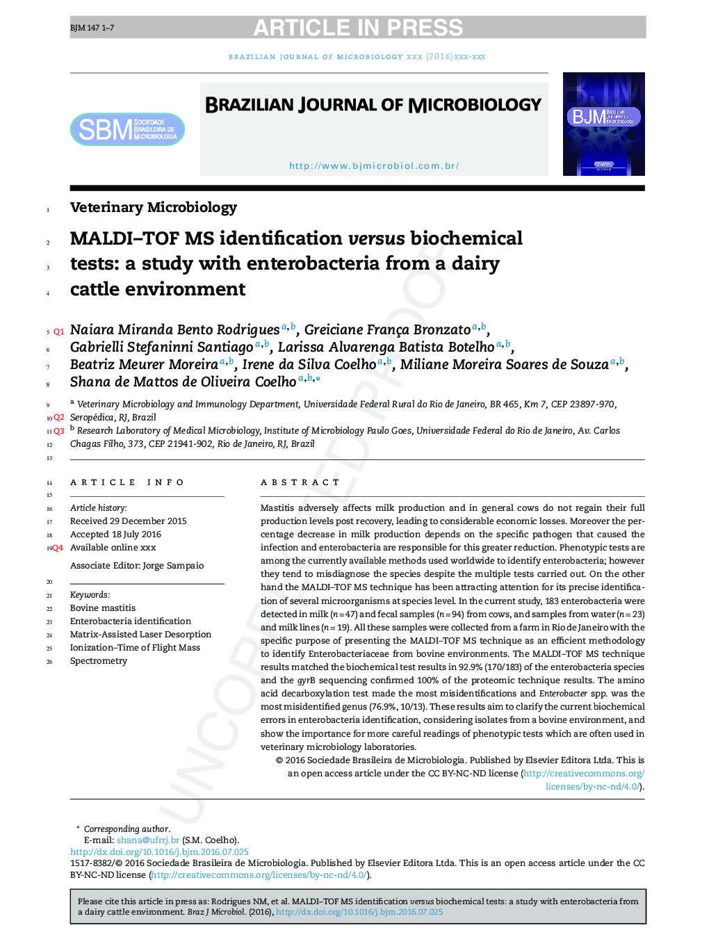 The Matrix-Assisted Laser Desorption Ionization-Time of Flight Mass Spectrometry (MALDI-TOF MS) identification versus biochemical tests: a study with enterobacteria from a dairy cattle environment