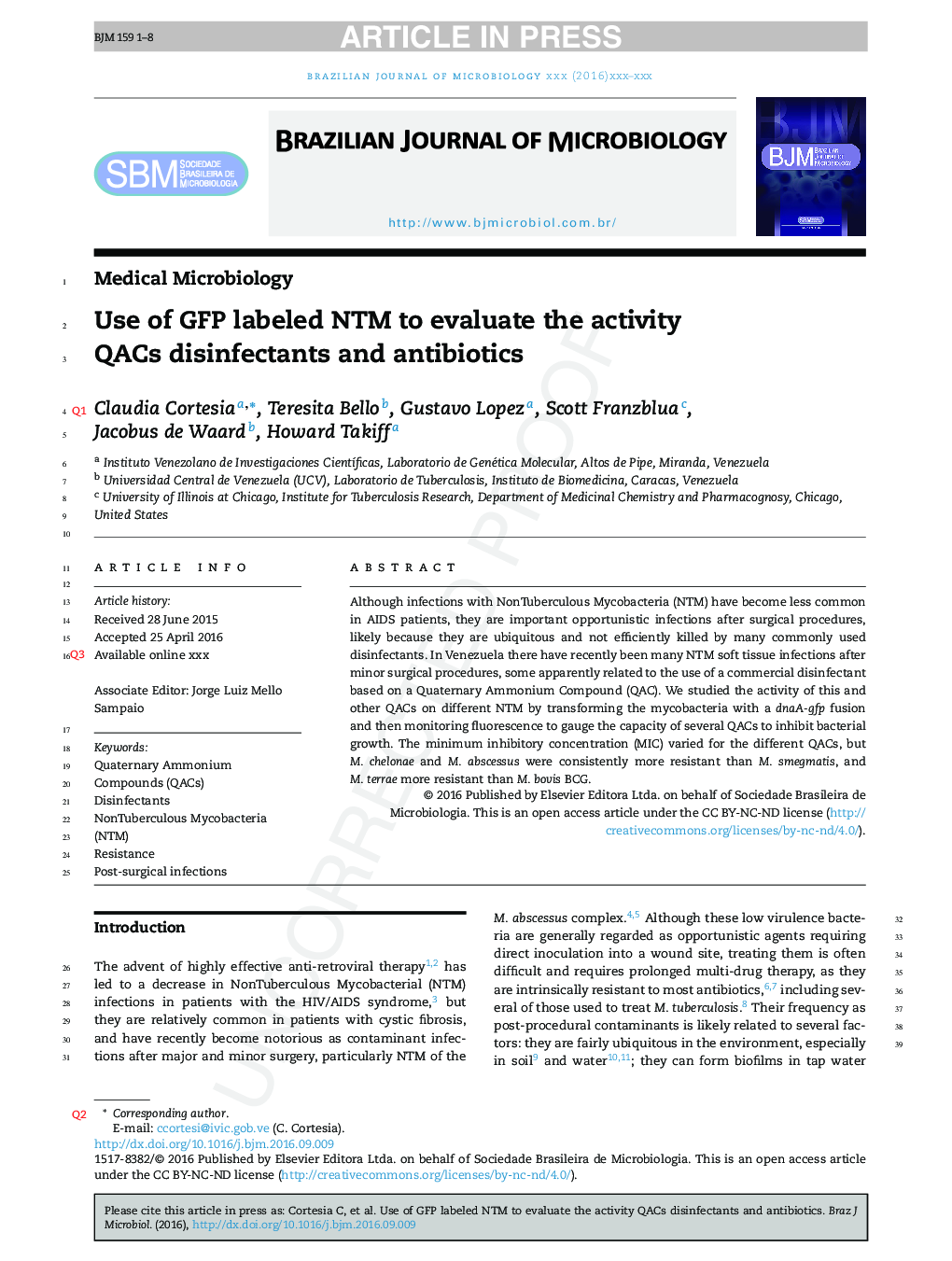 Use of green fluorescent protein labeled non-tuberculous mycobacteria to evaluate the activity quaternary ammonium compound disinfectants and antibiotics