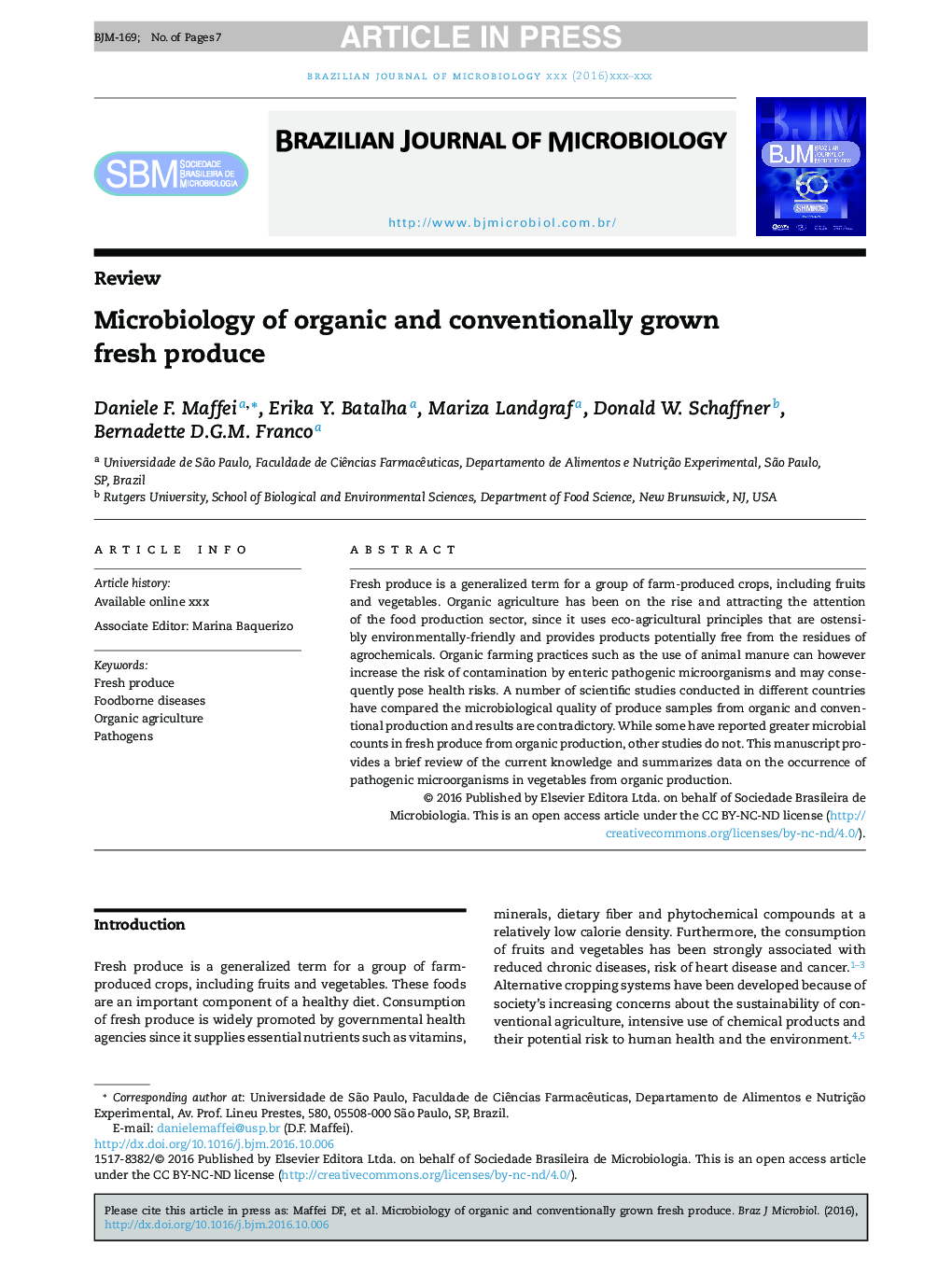 Microbiology of organic and conventionally grown fresh produce