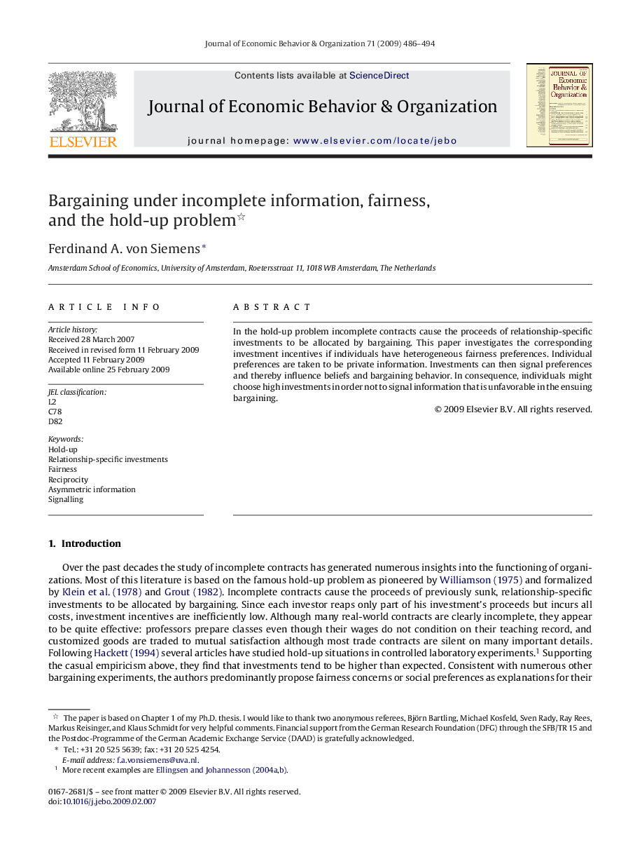 Bargaining under incomplete information, fairness, and the hold-up problem 