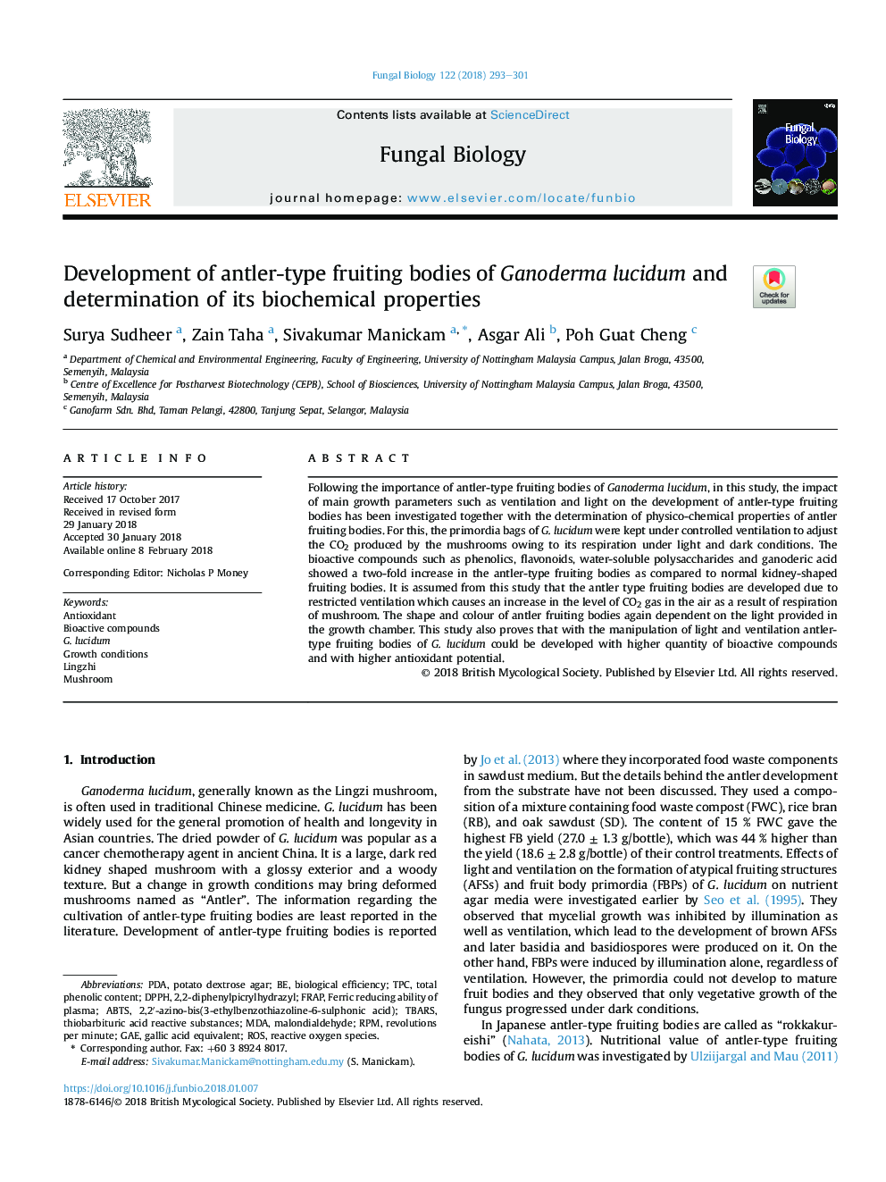 Development of antler-type fruiting bodies of Ganoderma lucidum and determination of its biochemical properties