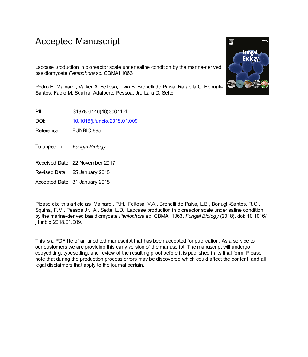 Laccase production in bioreactor scale under saline condition by the marine-derived basidiomycete Peniophora sp. CBMAI 1063