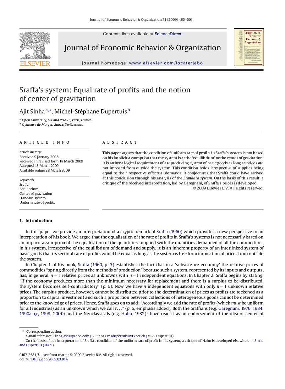 Sraffa's system: Equal rate of profits and the notion of center of gravitation