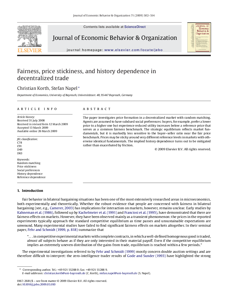 Fairness, price stickiness, and history dependence in decentralized trade