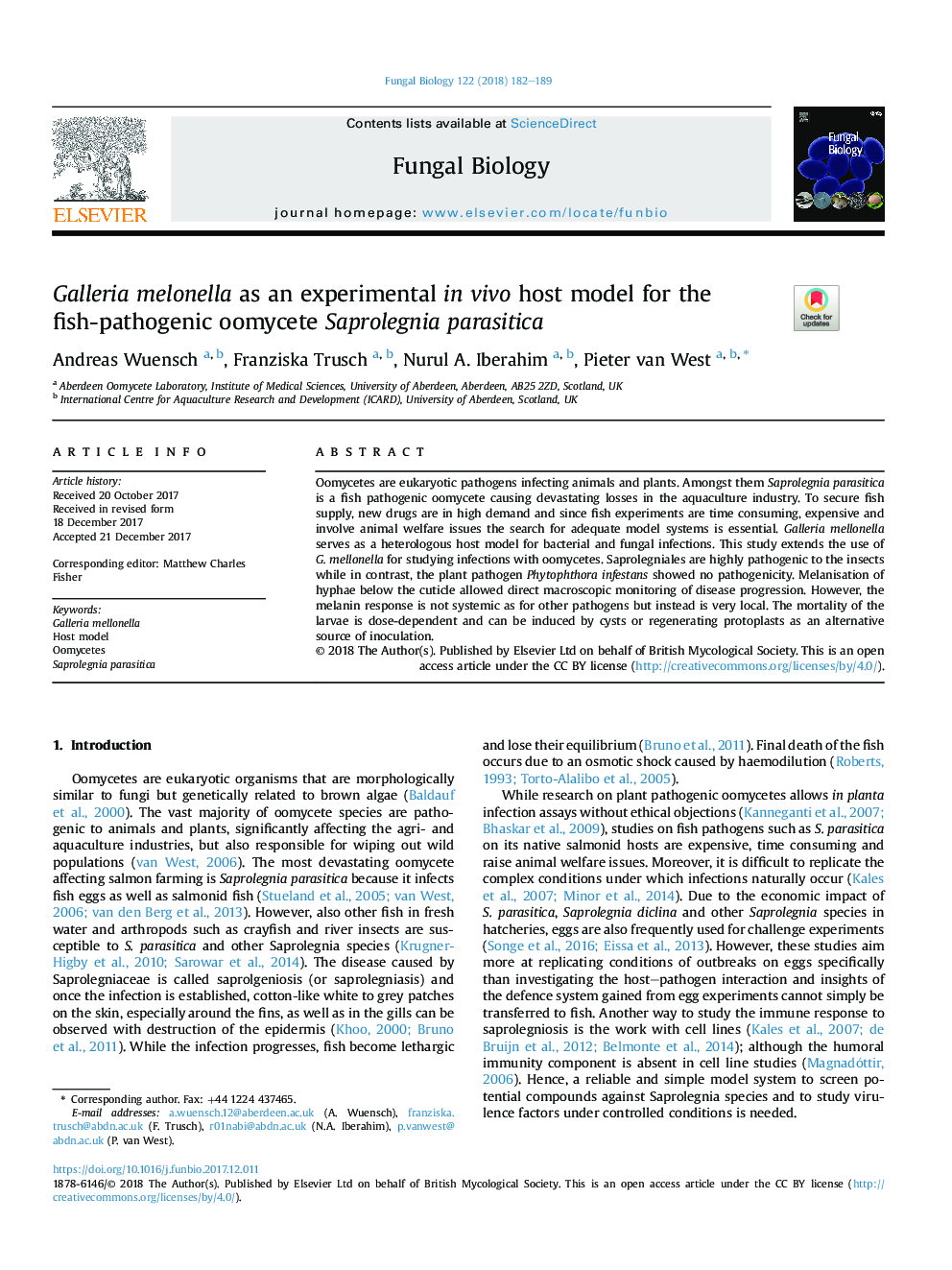 Galleria melonella as an experimental inÂ vivo host model for the fish-pathogenic oomycete Saprolegnia parasitica