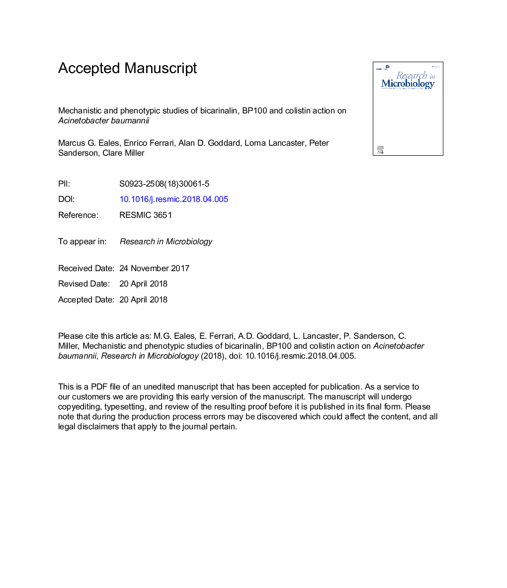 Mechanistic and phenotypic studies of bicarinalin, BP100 and colistin action on Acinetobacter baumannii