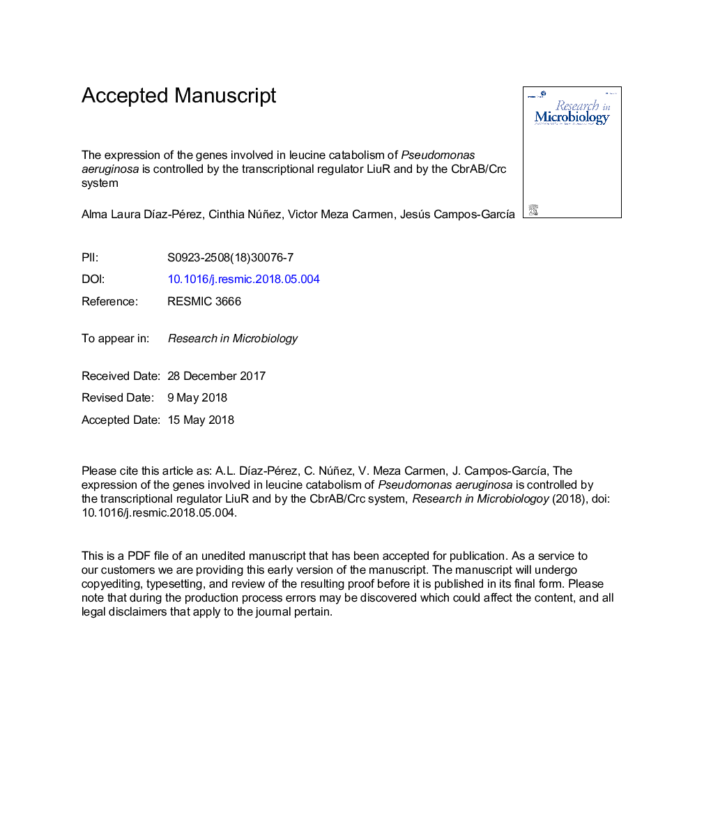 The expression of the genes involved in leucine catabolism of Pseudomonas aeruginosa is controlled by the transcriptional regulator LiuR and by the CbrAB/Crc system