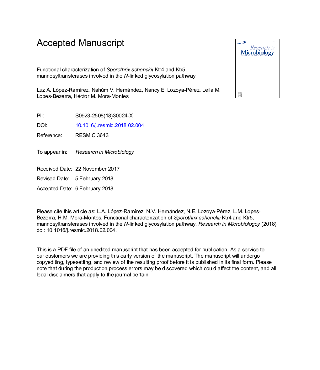 عکس صفحه اول مقاله: Functional characterization of the Sporothrix schenckii Ktr4 and Ktr5, mannosyltransferases involved in the N-linked glycosylation pathway Functional characterization of the Sporothrix schenckii Ktr4 and Ktr5, mannosyltransferases involved in the N-linked glycosylation pathway