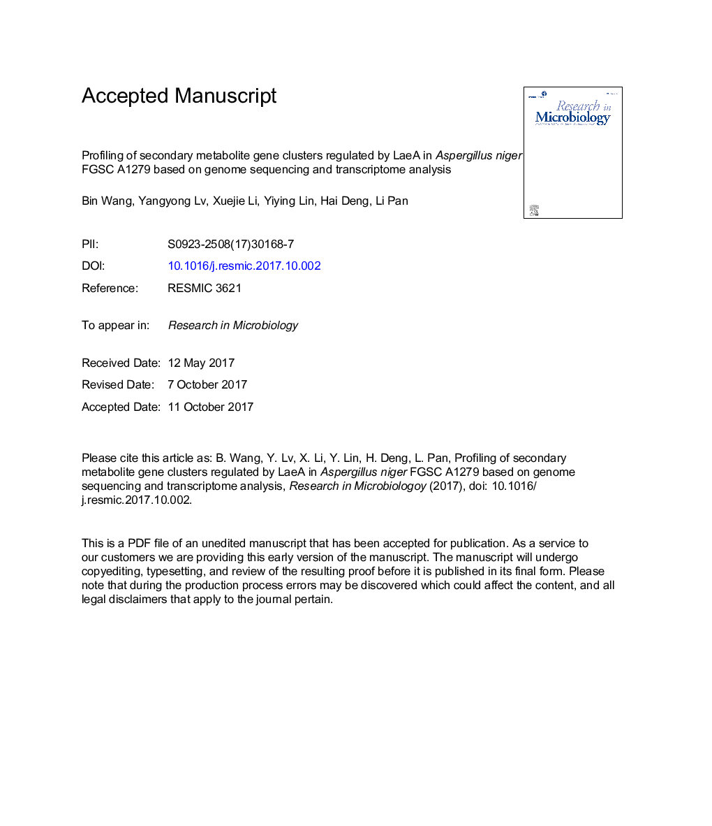 Profiling of secondary metabolite gene clusters regulated by LaeA in Aspergillus niger FGSC A1279 based on genome sequencing and transcriptome analysis