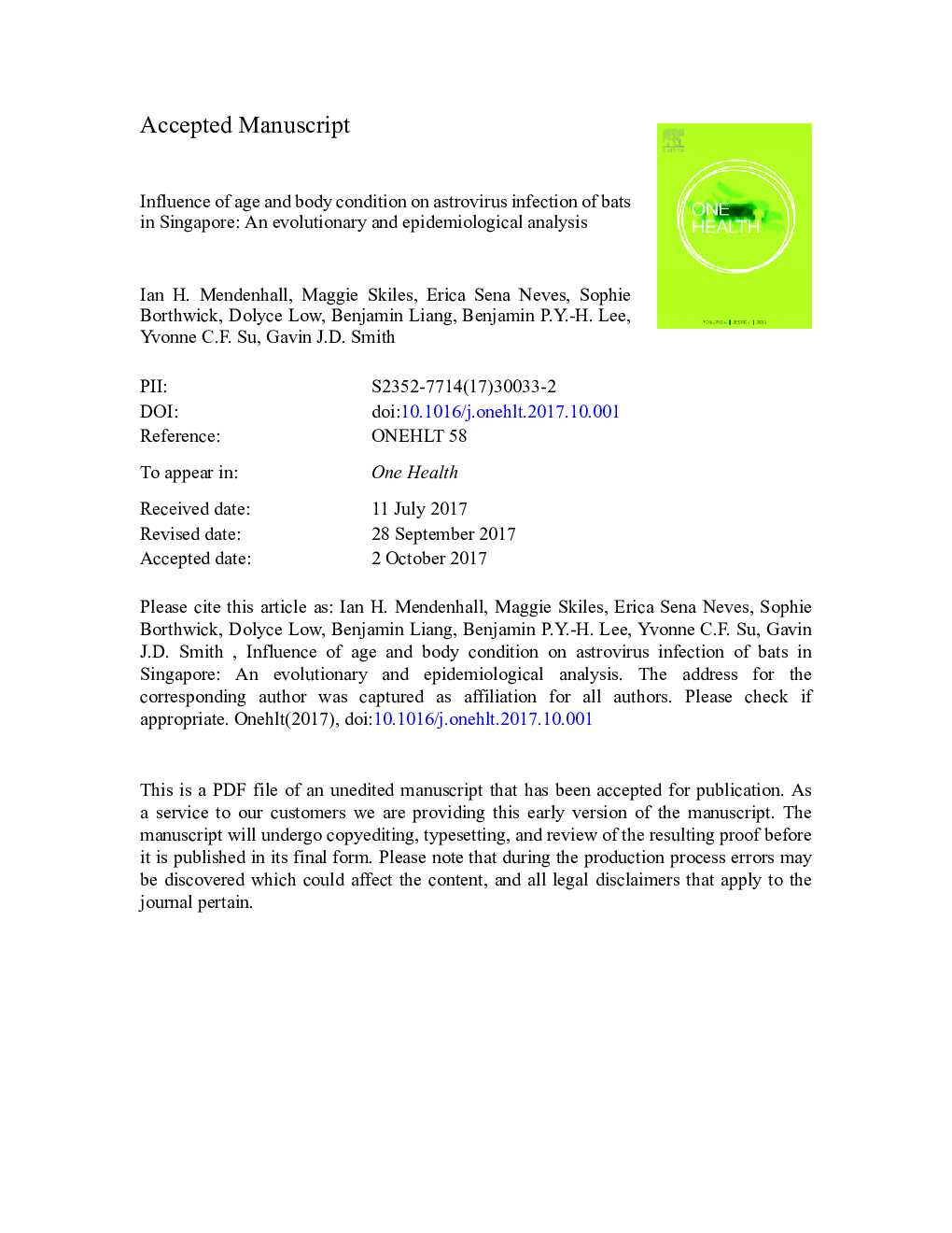 Influence of age and body condition on astrovirus infection of bats in Singapore: An evolutionary and epidemiological analysis