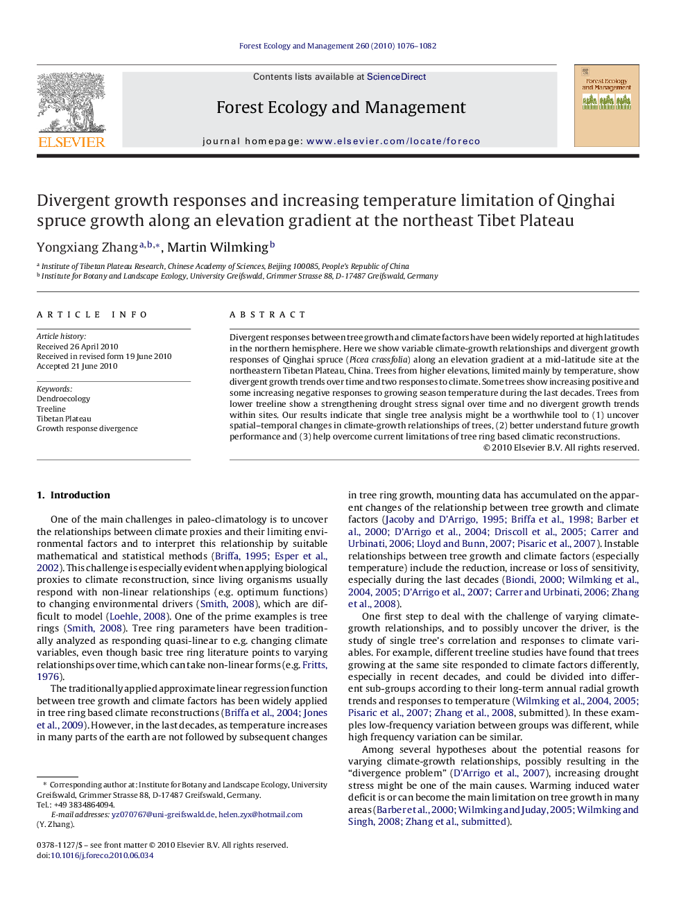 Divergent growth responses and increasing temperature limitation of Qinghai spruce growth along an elevation gradient at the northeast Tibet Plateau