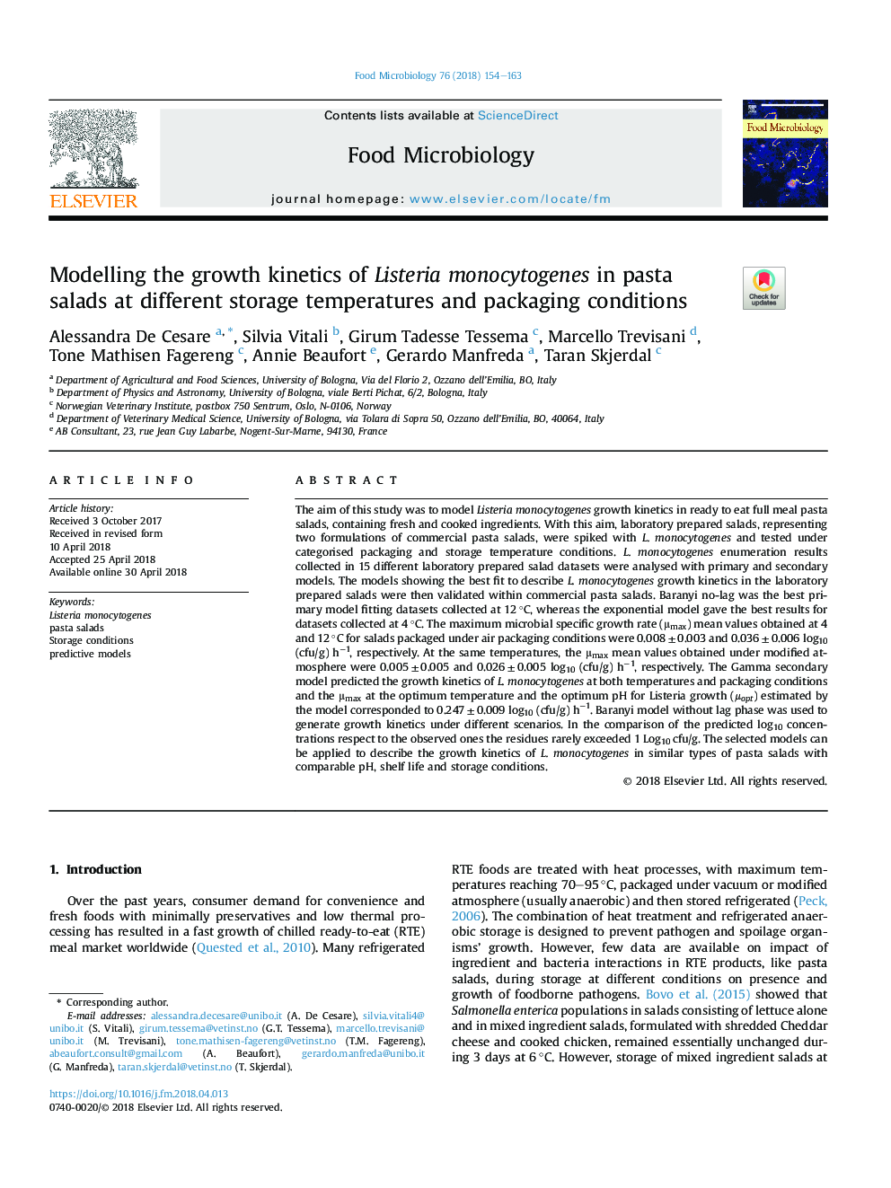 Modelling the growth kinetics of Listeria monocytogenes in pasta salads at different storage temperatures and packaging conditions