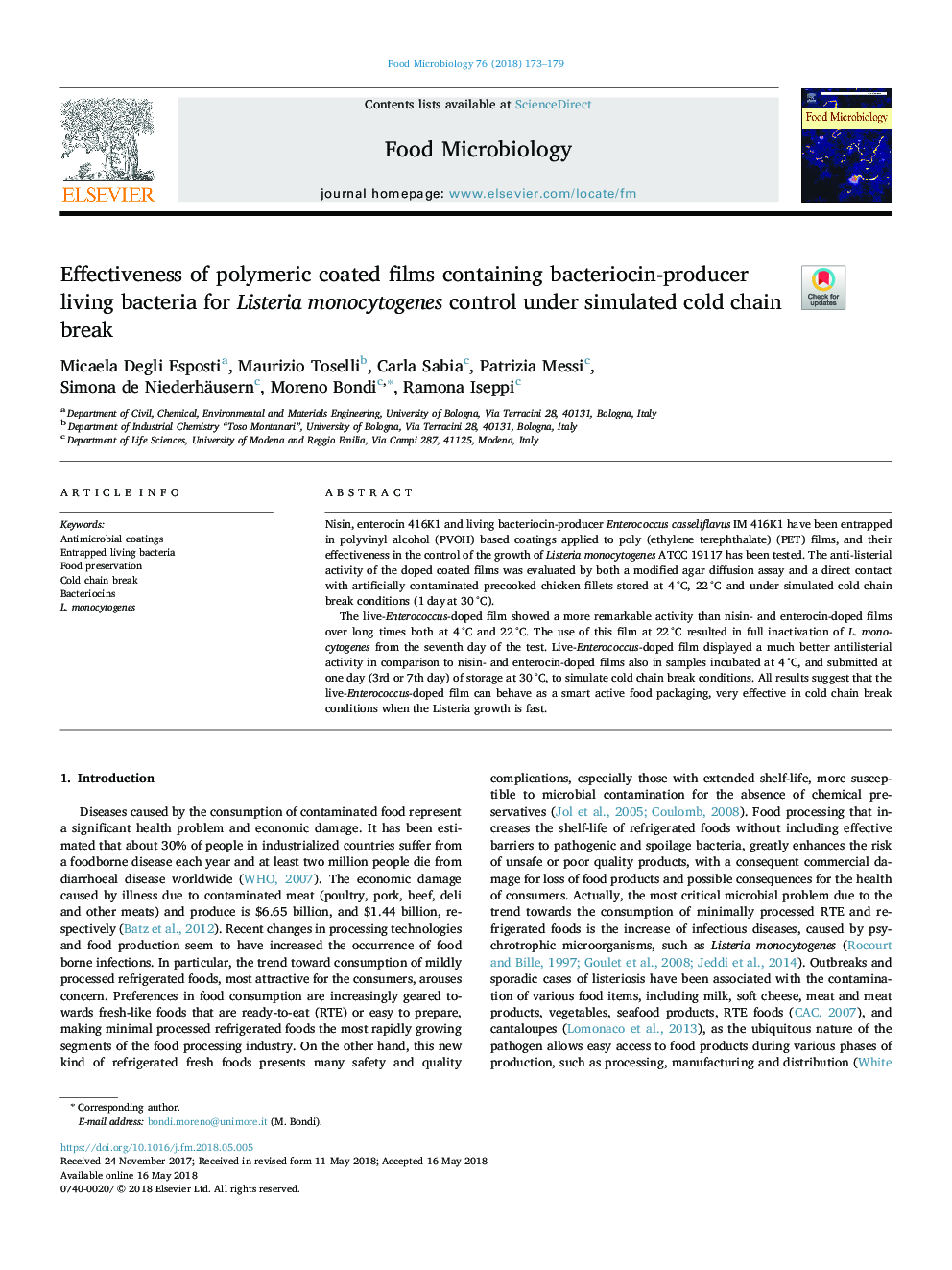 Effectiveness of polymeric coated films containing bacteriocin-producer living bacteria for Listeria monocytogenes control under simulated cold chain break