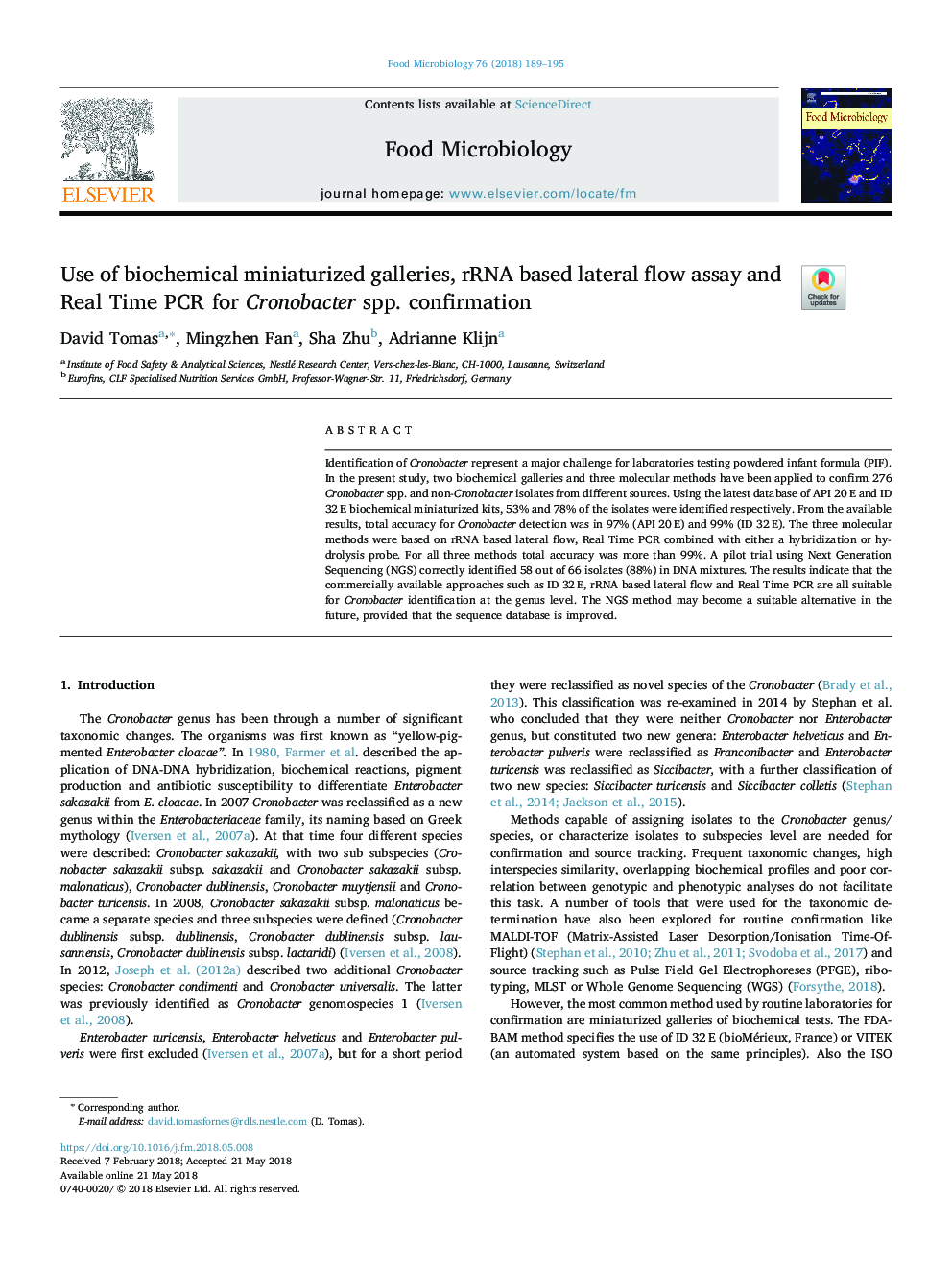 Use of biochemical miniaturized galleries, rRNA based lateral flow assay and Real Time PCR for Cronobacter spp. confirmation