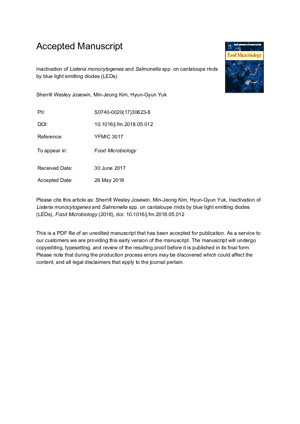 Inactivation of Listeria monocytogenes and Salmonella spp. on cantaloupe rinds by blue light emitting diodes (LEDs)