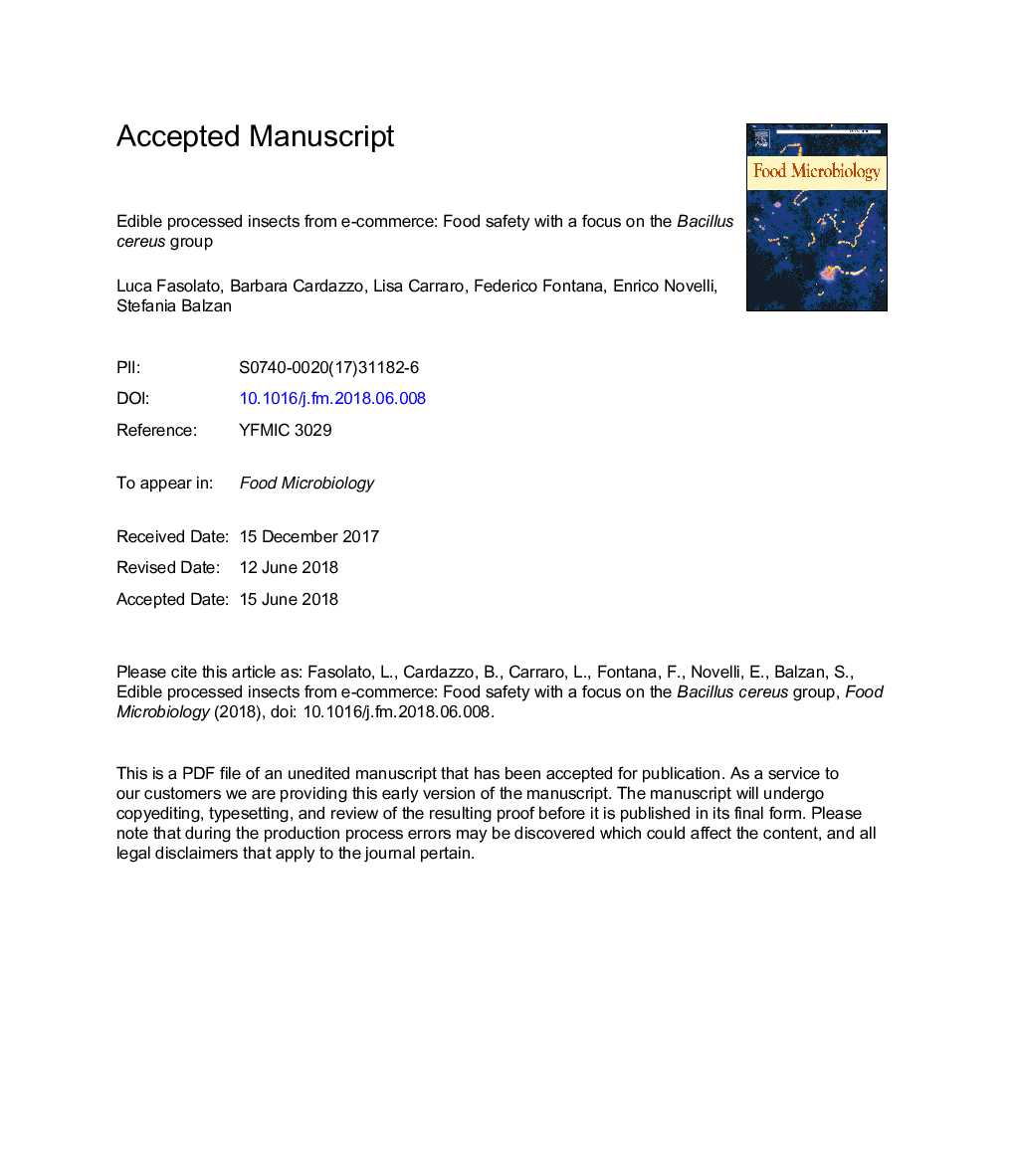 حشرات پردازش خوراکی از تجارت الکترونیک: ایمنی مواد غذایی با تمرکز بر گروه باسیلوس سرئوس 