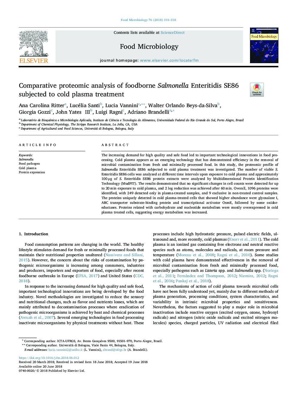 Comparative proteomic analysis of foodborne Salmonella Enteritidis SE86 subjected to cold plasma treatment